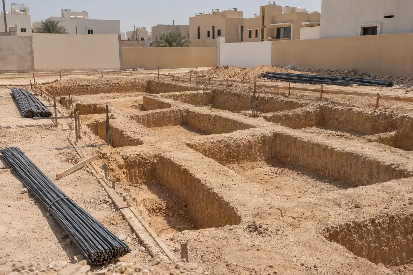 حفر أساسات فيلا قبل صب خرسانة النظافة تحت القواعد