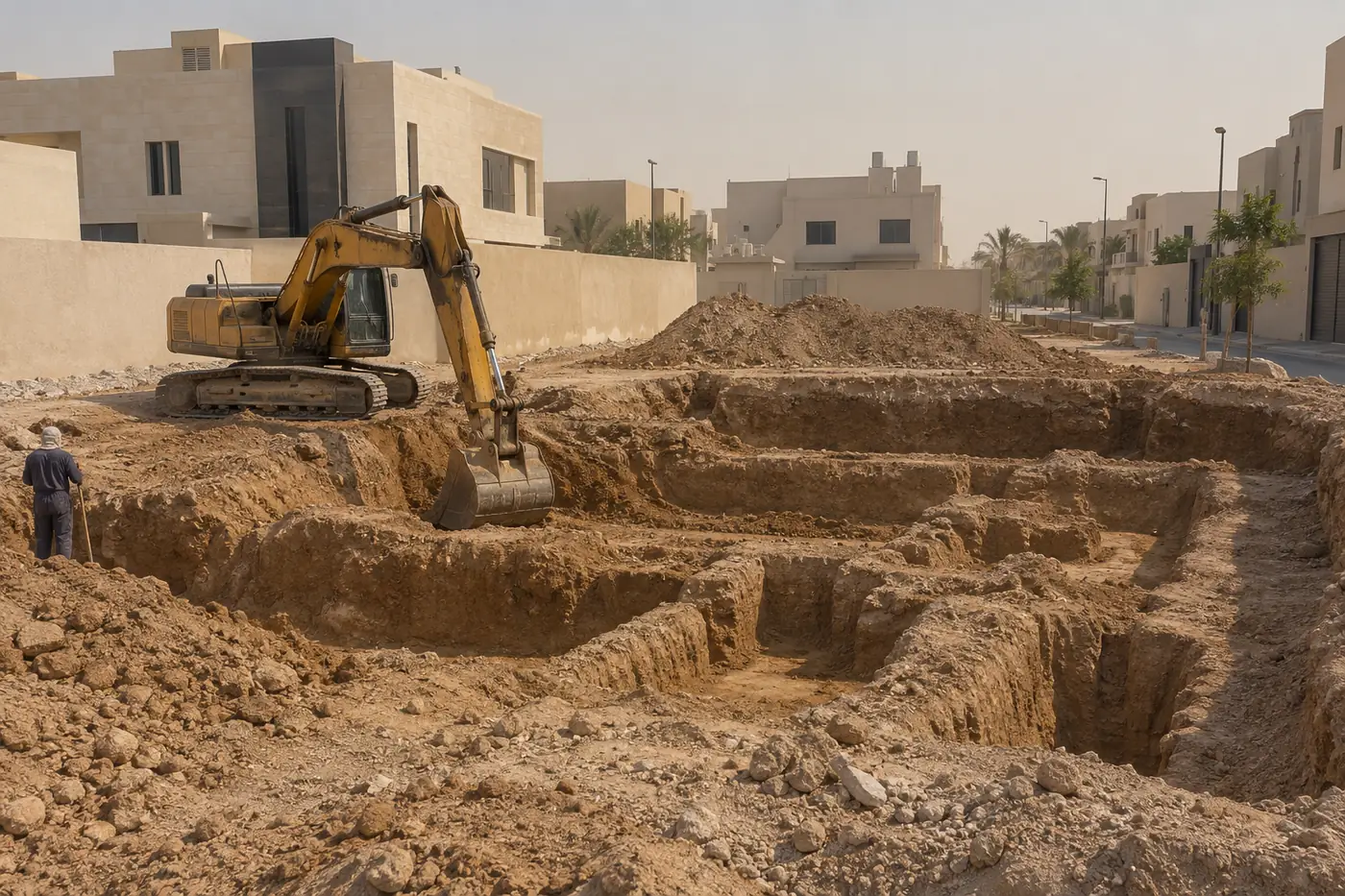 أرض تُحفر أساساتها بجوار فلل مسكونة في حي سكني جديد